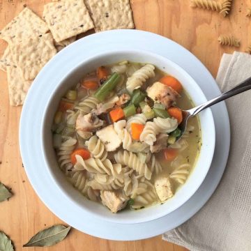 A bowl of allergy free chicken noodle soup