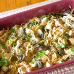 A pan of chicken tetrazzini