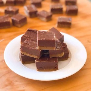 dairy free fudge stacked on a plate
