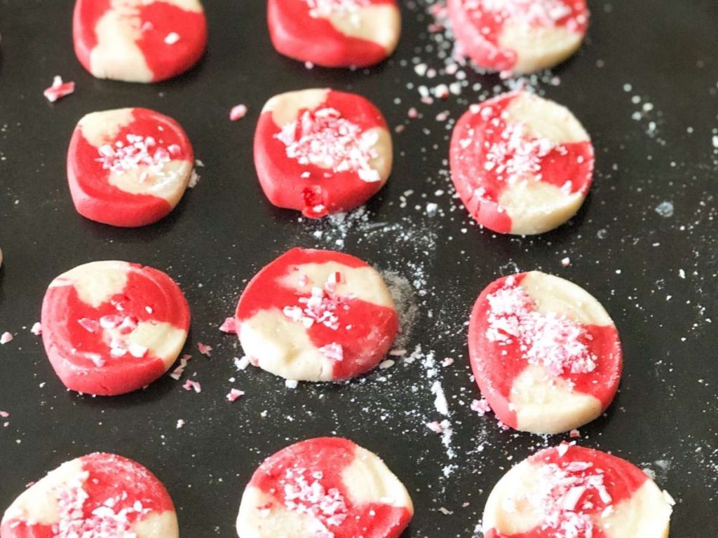 A pan of candy cane cookies ready to bake