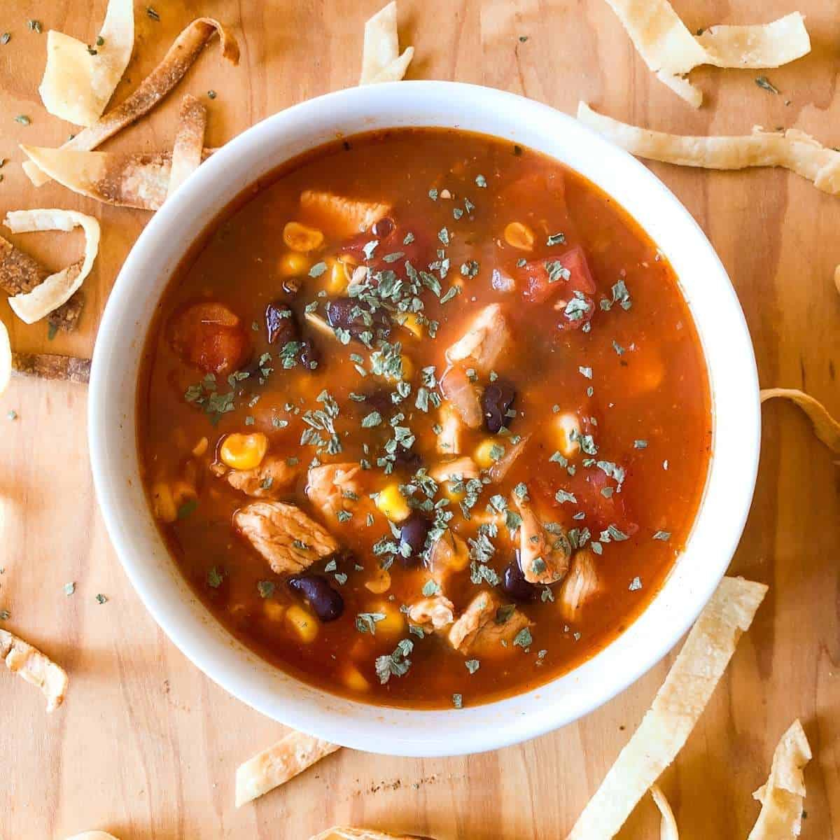 A bowl of chicken tortilla soup