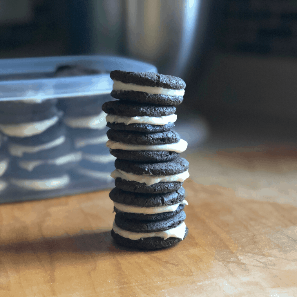 A stack of chocolate sandwich cookies