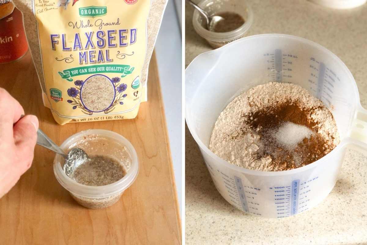 flaxseed meal mixed with water and dry ingredients in a mixing bowl