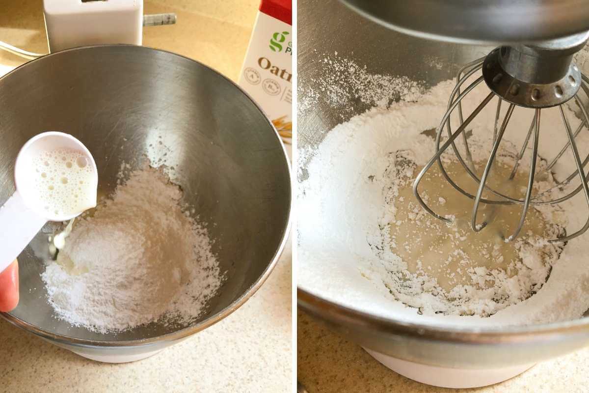 dairy free milk being added to powdered sugar and mixed to make frosting