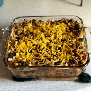 A pan of dairy free, gluten free Mexican Lasagna