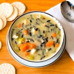 A bowl of dairy and gluten free chicken and wild rice soup