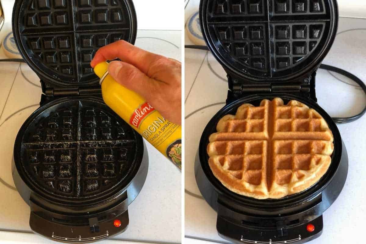 Two photos showing a waffle iron being sprayed with cooking spray and a fully cooked waffle.