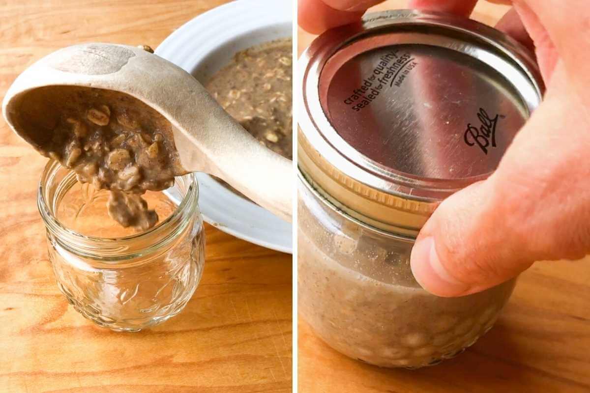 Two photos of overnight oats being transferred to a mason jar