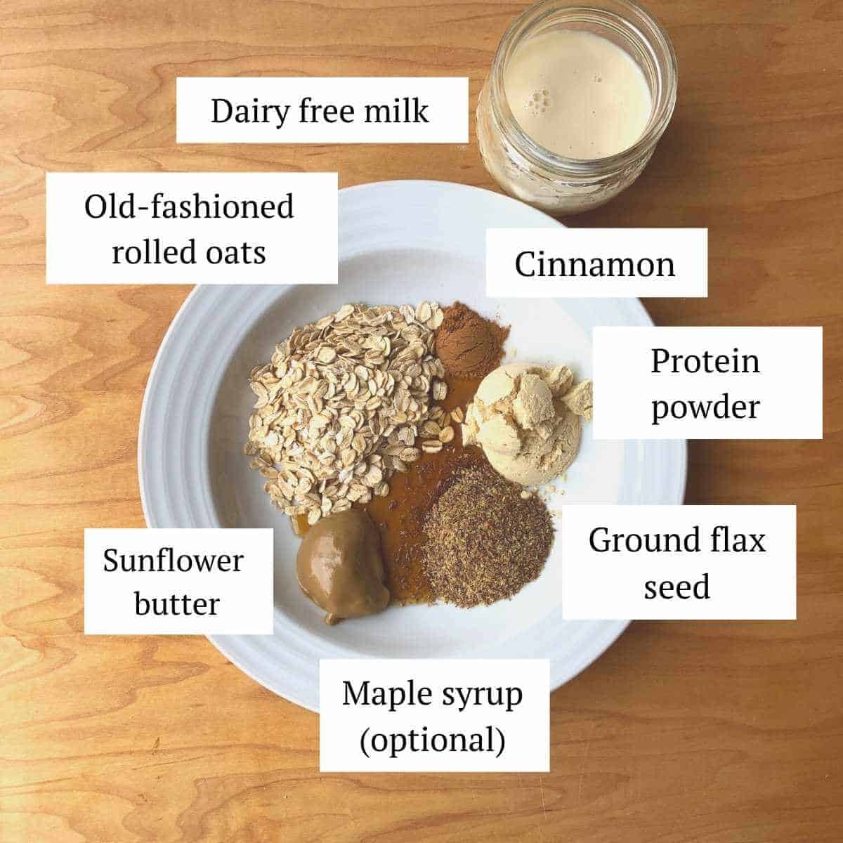 Ingredients for protein overnight oats in a bowl