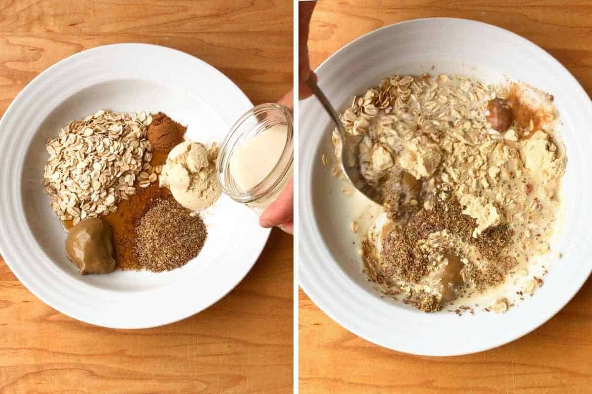 Two photos of overnight oats ingredients being combined