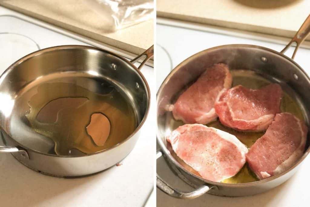 Side-by-side photos of olive oil heating in a pan and cooking pork chops