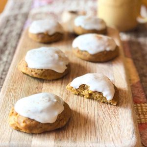 Gluten free pumpkin cookies with white icing