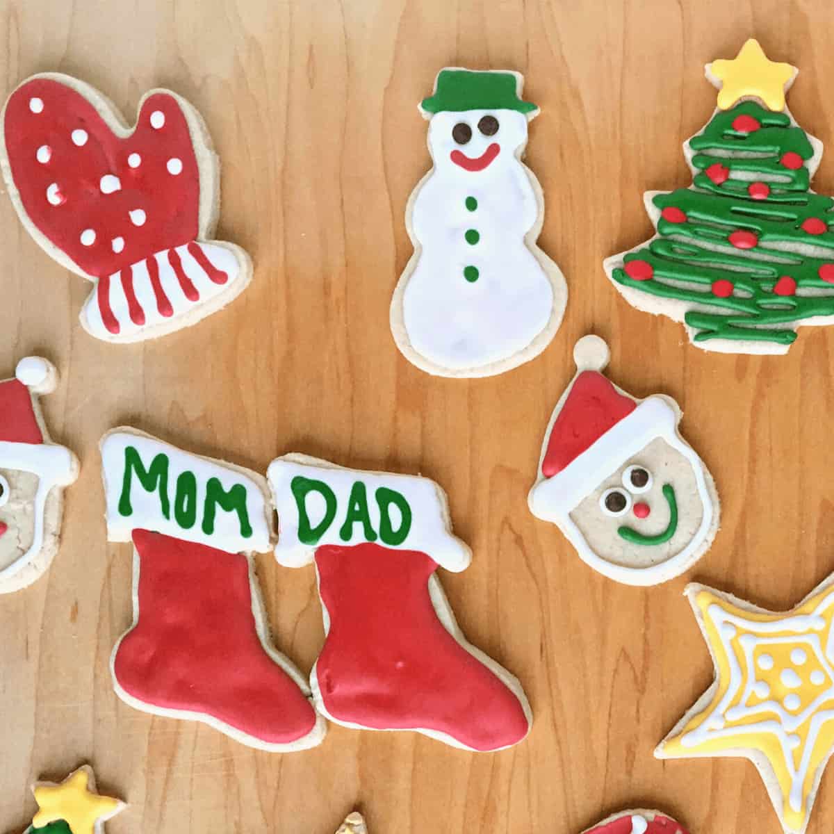 Sugar cookie cut outs decorated with vegan royal icing