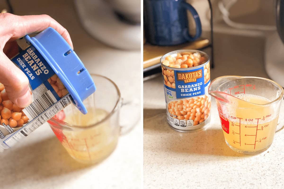A can of garbanzo beans being drained and a measuring cup with aquafaba.