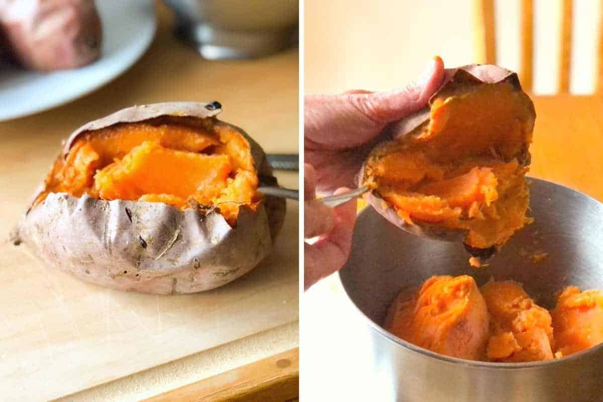 A baked sweet potato being scooped out of the skin into a bowl.