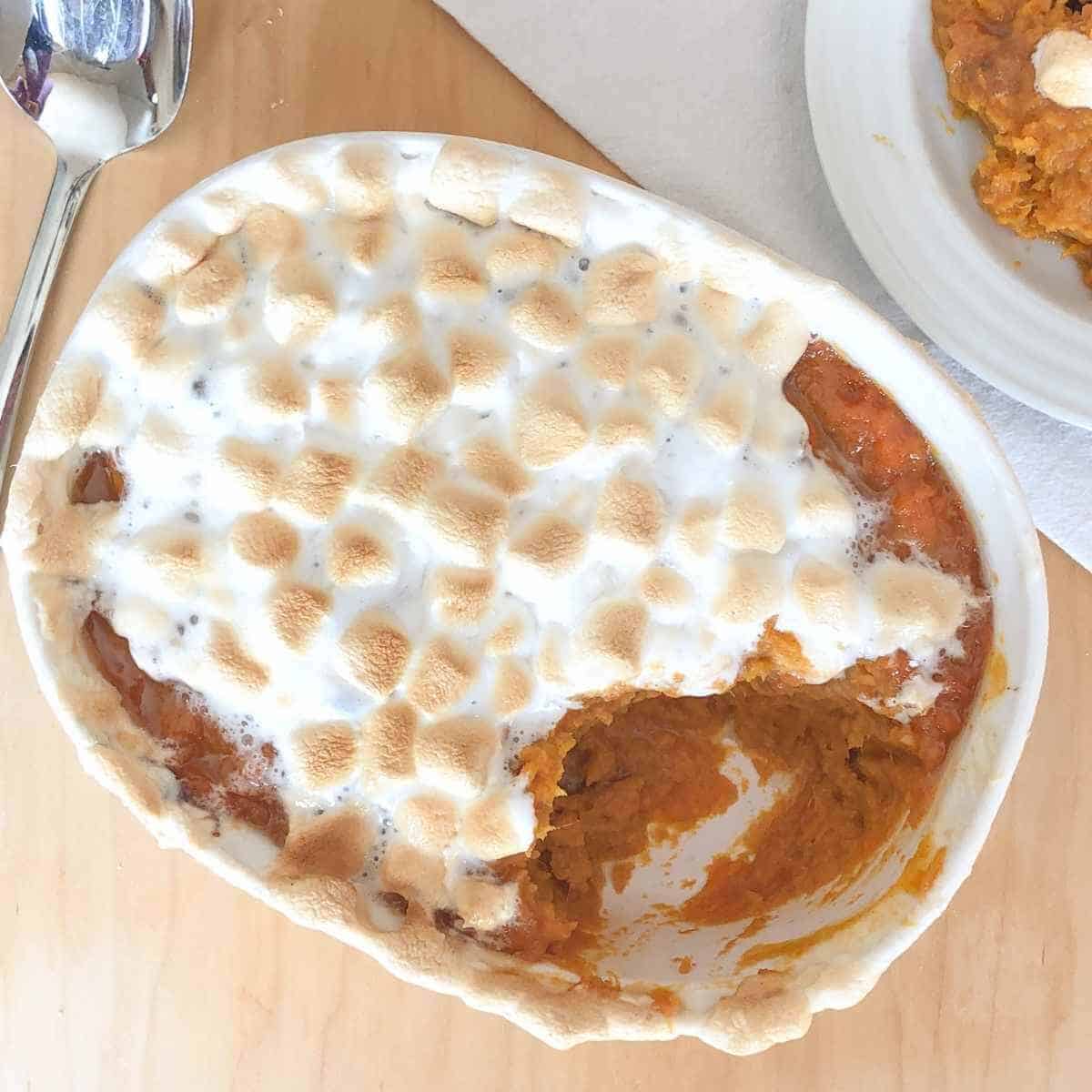 An overhead view of the gluten free sweet potato casserole.