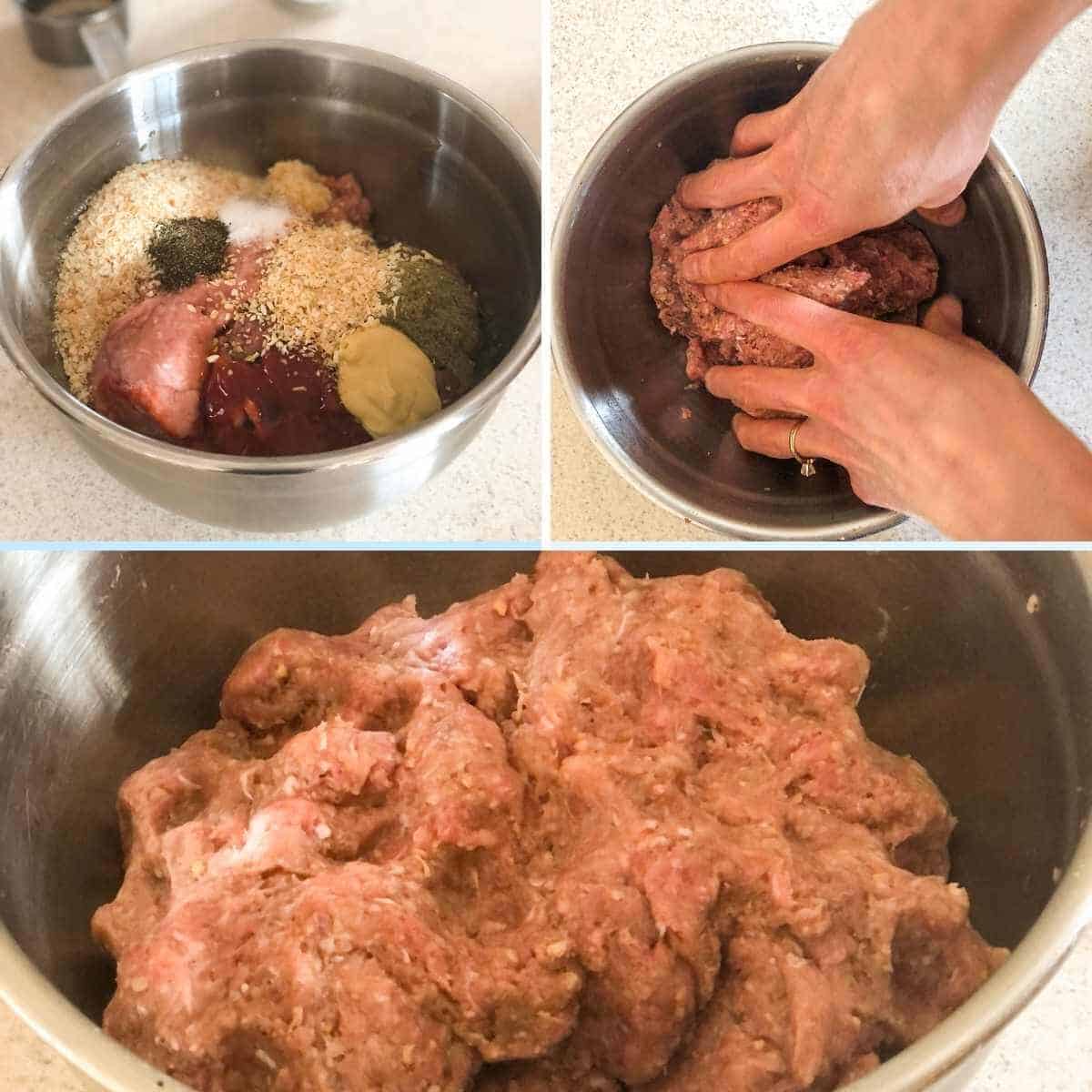 Three photos showing meatloaf ingredients, mixing with hands, and the mixture ready to bake.
