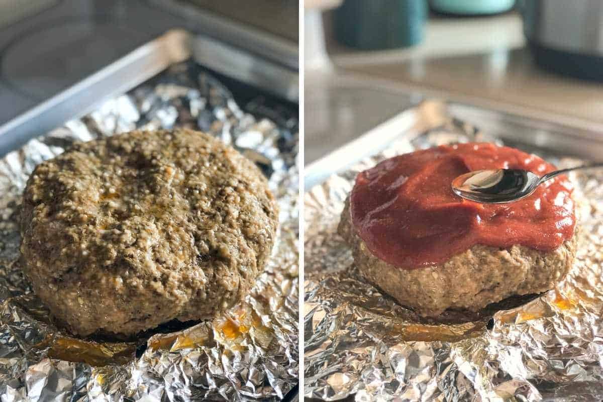 Side by side photos of cooked meatloaf with the sauce being spread on it.