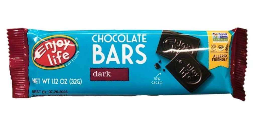 An Enjoy Life dark chocolate bar