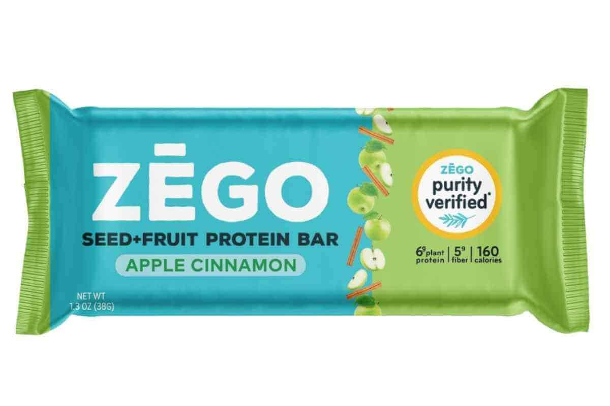 A Zego apple cinnamon seed and fruit protein bar.