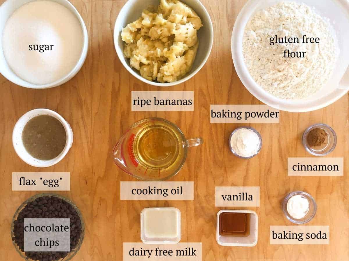 Ingredients needed to make gluten free chocolate chip banana muffins