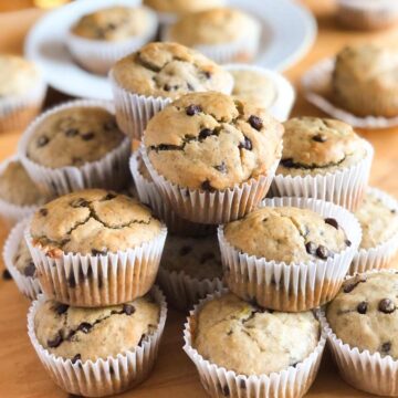 A stack of gluten free chocolate chip banana muffins