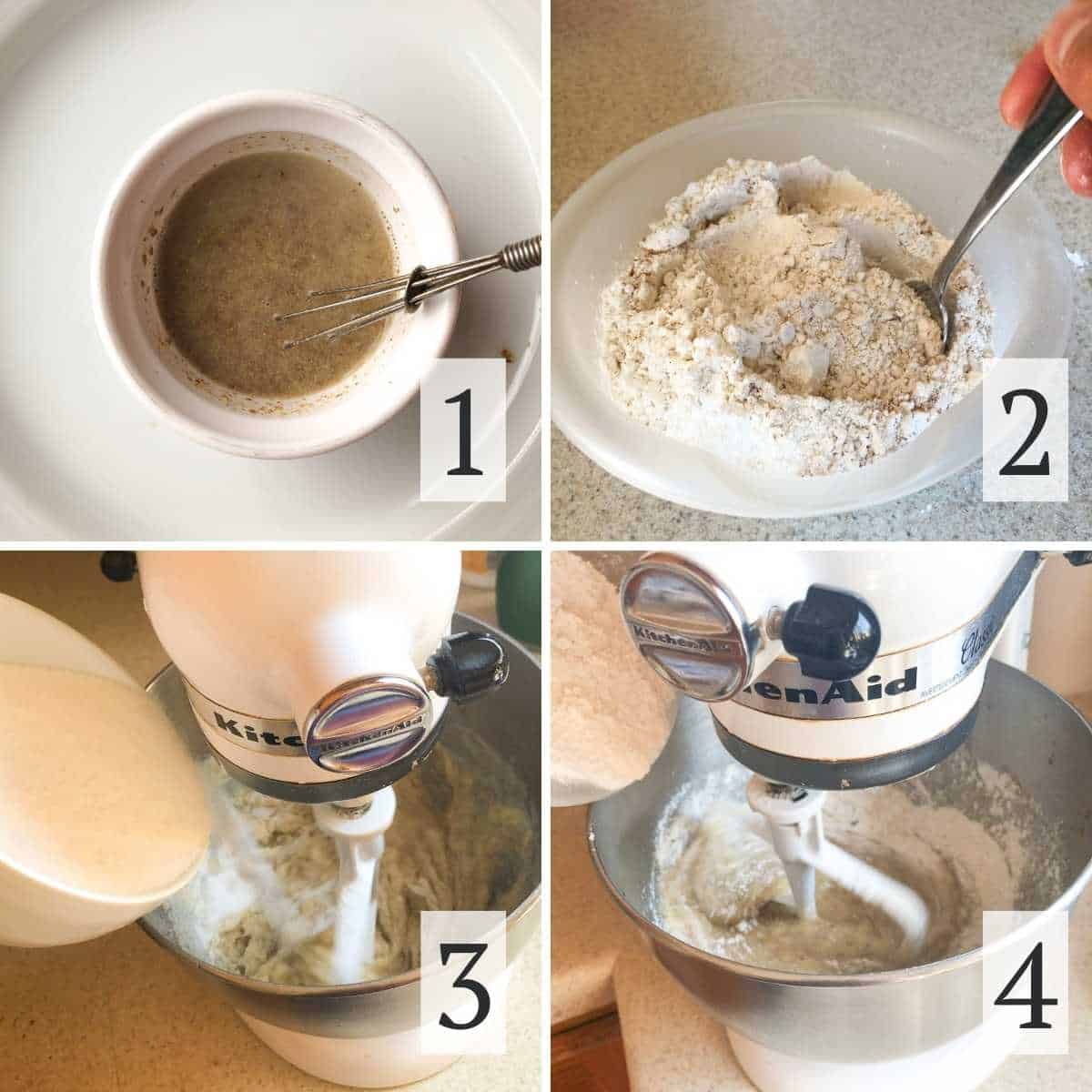 Steps for mixing the gluten free chocolate chip banana muffin batter.