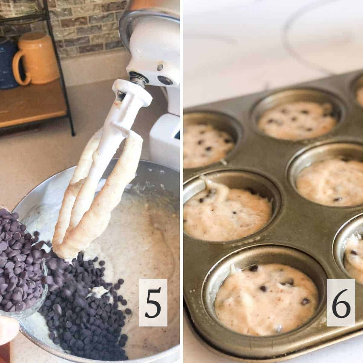 Mixing in chocolate chips and filling the muffin tin with batter.