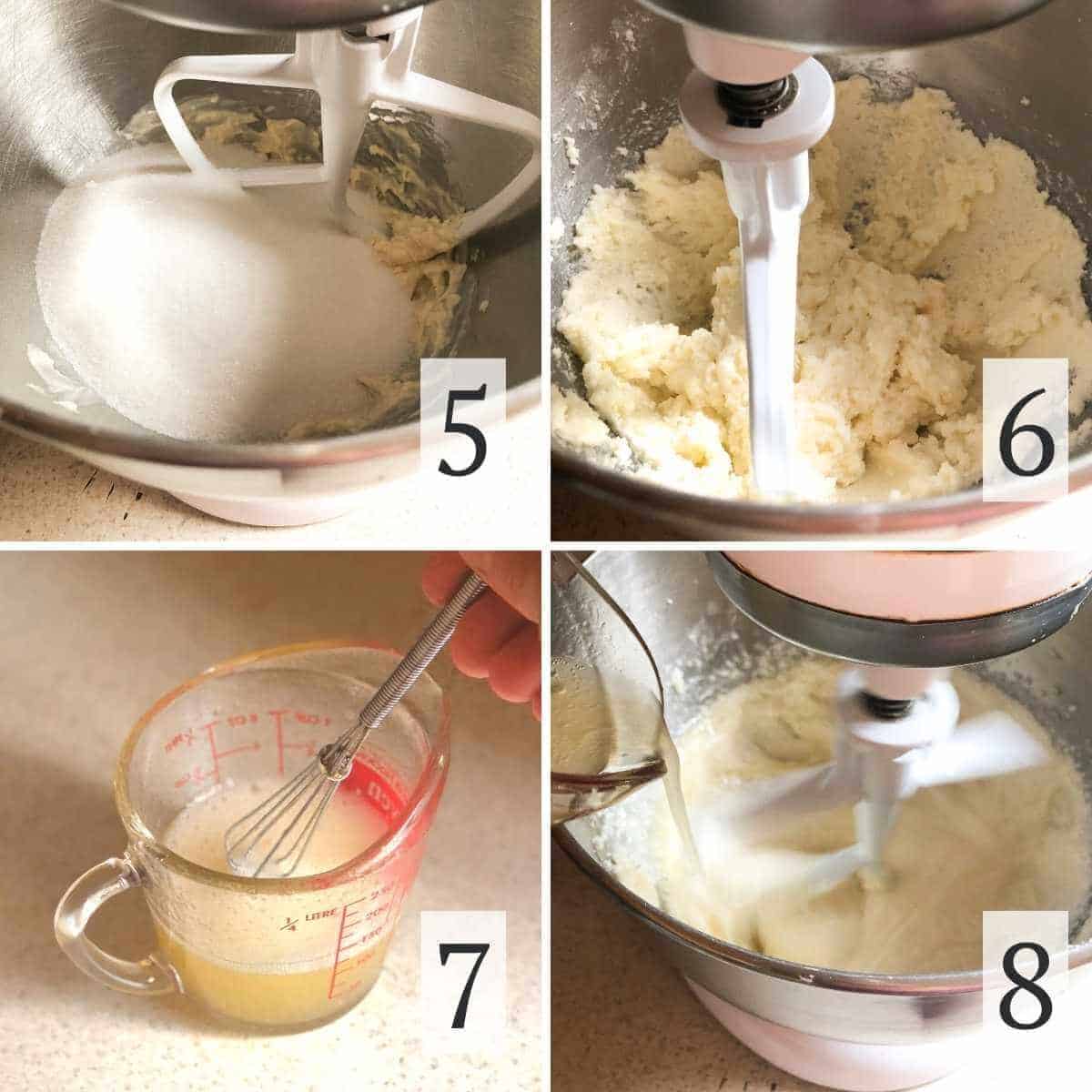 Steps 5 through 8 to make cupcakes including creaming together the margarine and sugar and adding the aquafaba.