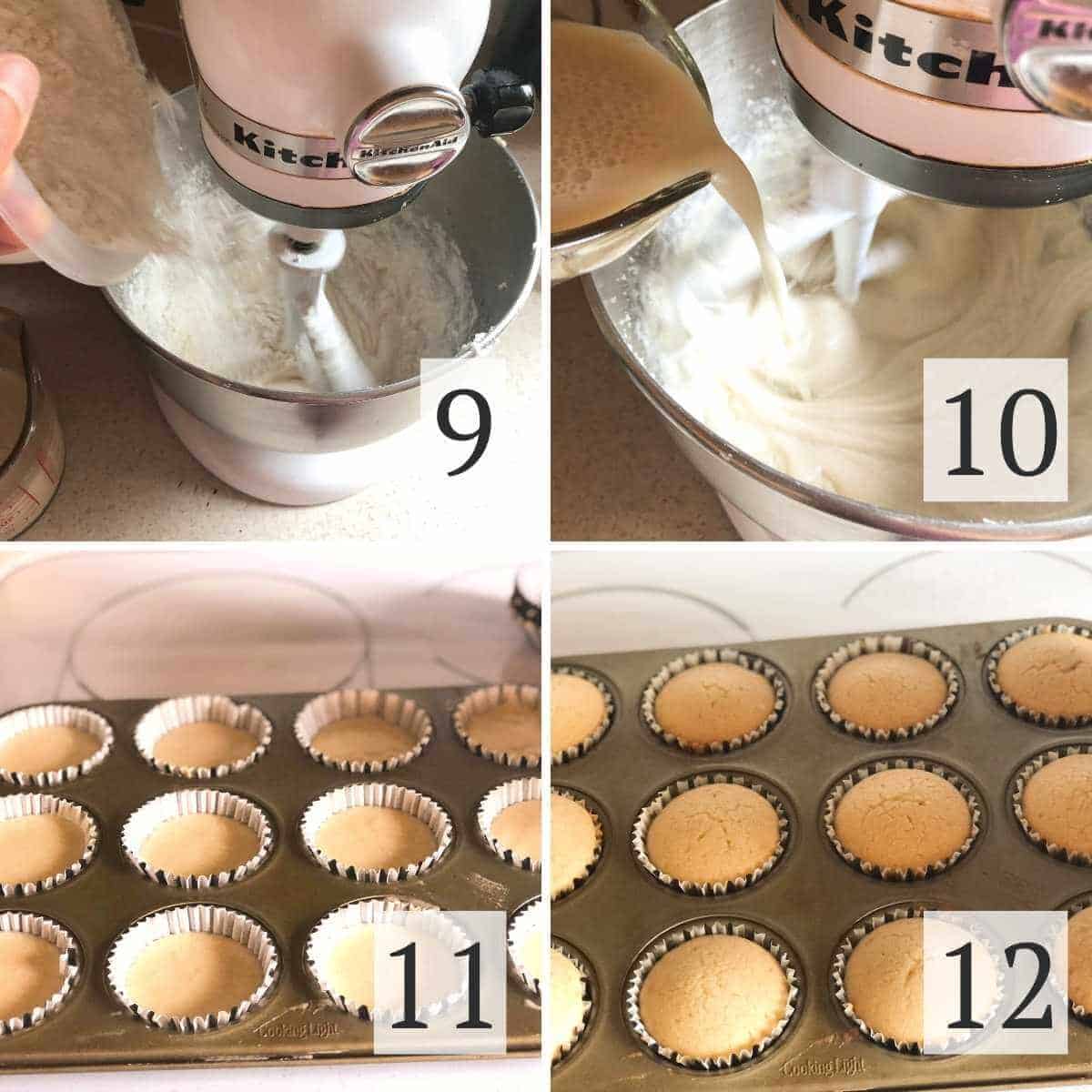 Steps 9 through 10 to make cupcakes including adding flour, milk, pouring into muffin tins, and baking.