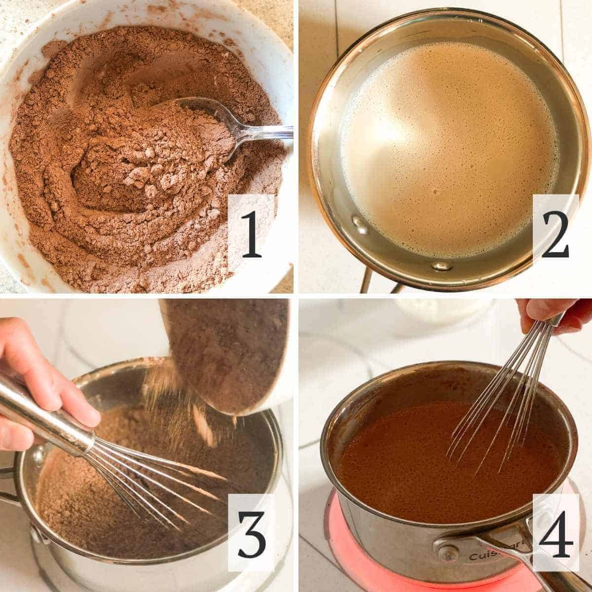 Steps 1 through 4 for making chocolate oat milk pudding