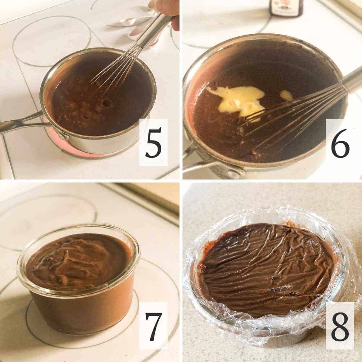 Steps 5 through 8 for making oat milk chocolate pudding