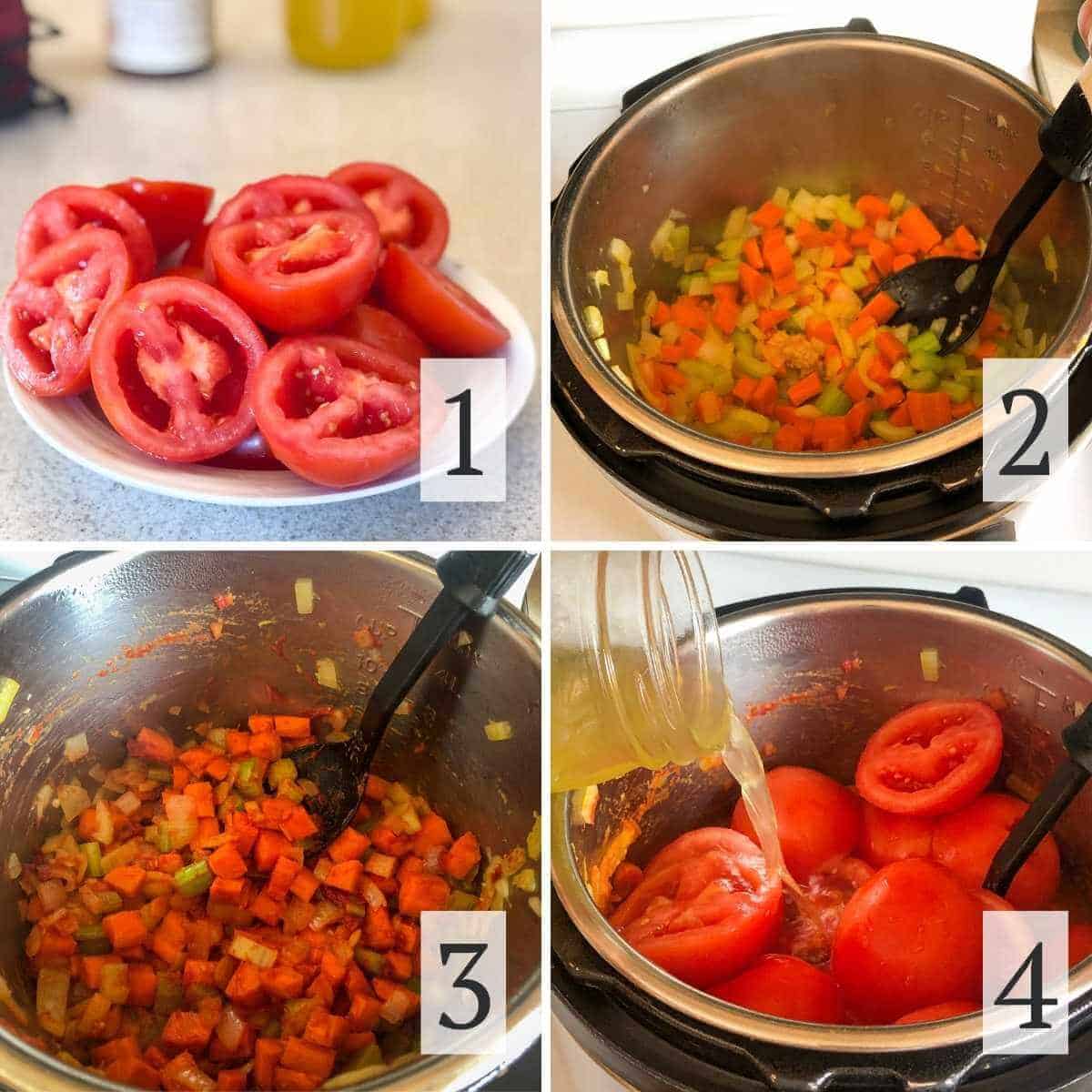 Steps 1 through 4 for making gluten free tomato soup in the instant pot