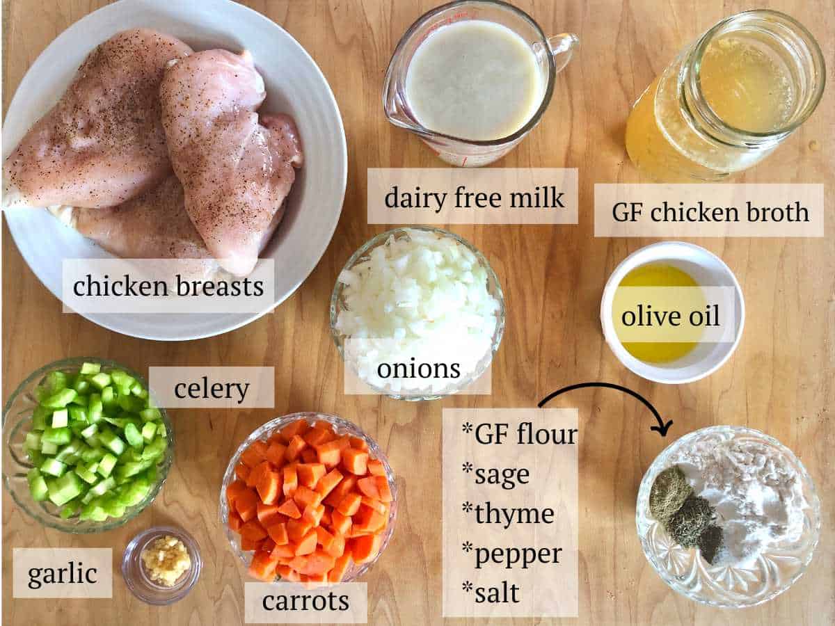 Ingredients needed to make gluten free dairy free chicken pot pie stew filling
