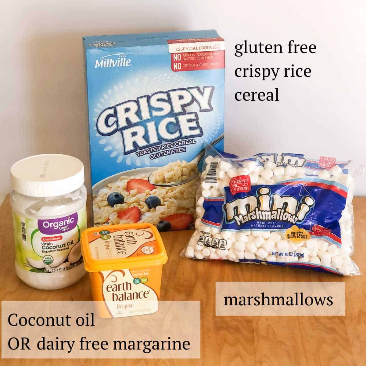 dairy free rice krispie treats ingredients: coconut oil or dairy free margarine, marshmallows, and gluten free crispy rice cereal.