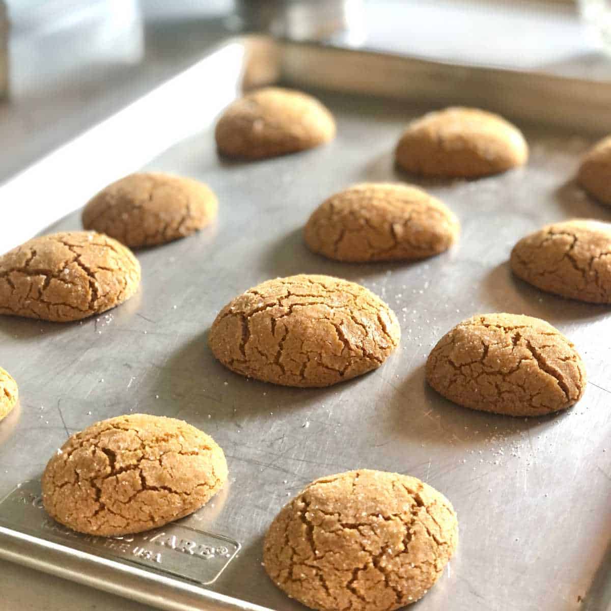 Baked gluten free ginger cookies on a baking sheet.