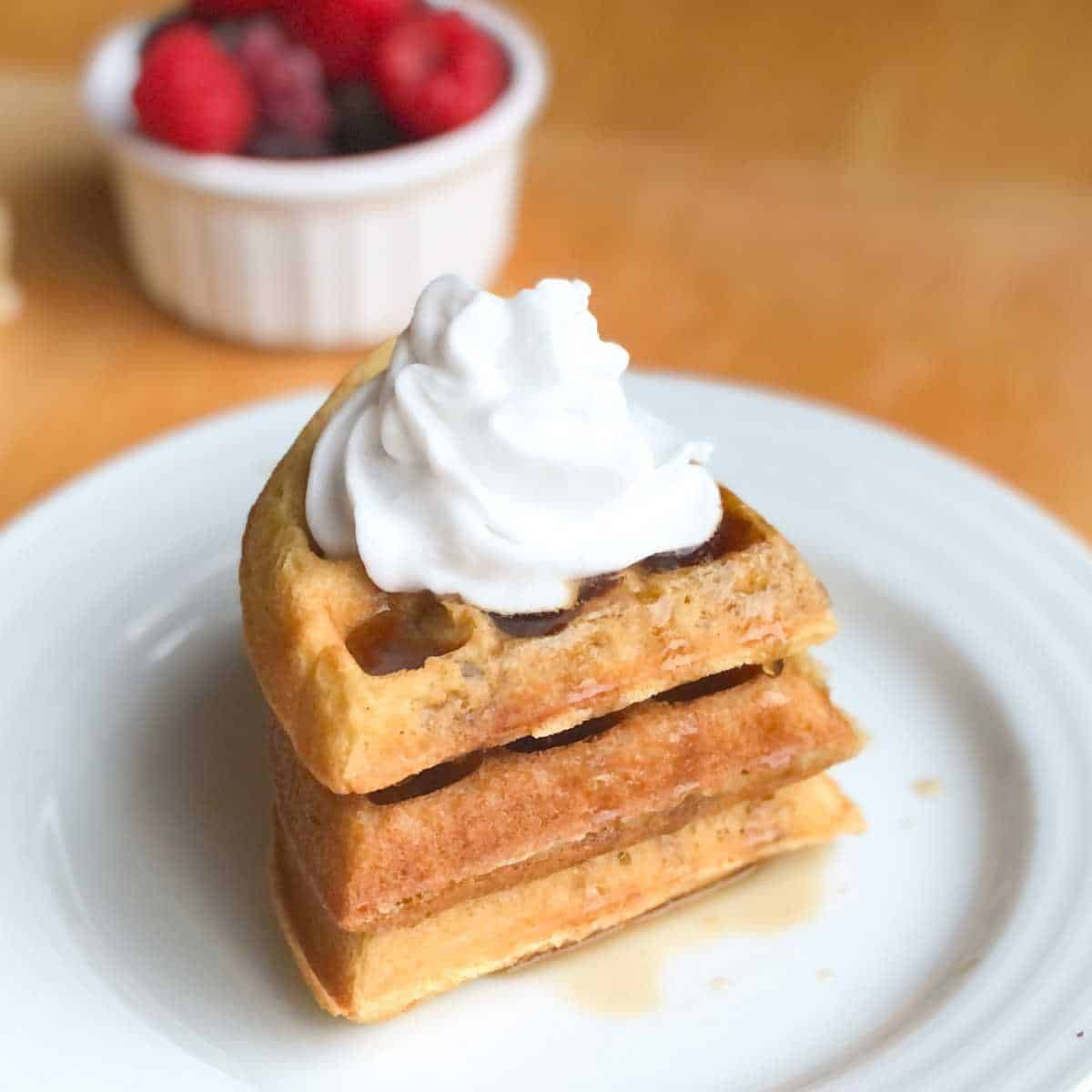 A gluten free waffle topped with dairy free whipped cream