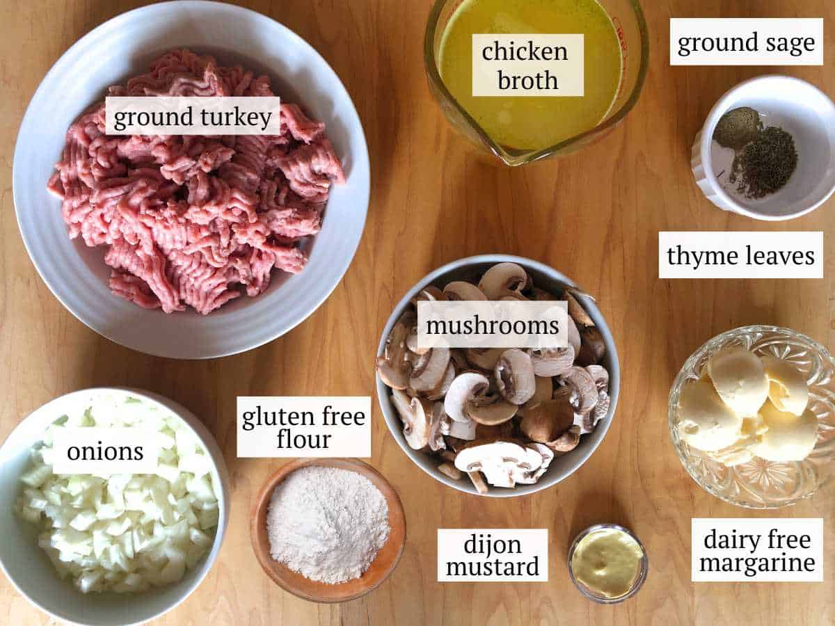 Ingredients needed for turkey stroganoff on a cutting board.