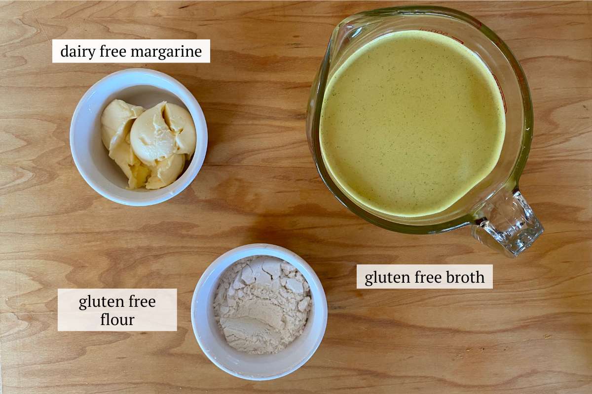 Ingredients needed to make gluten free turkey gravy including dairy free margarine, gluten free broth, and gluten free flour