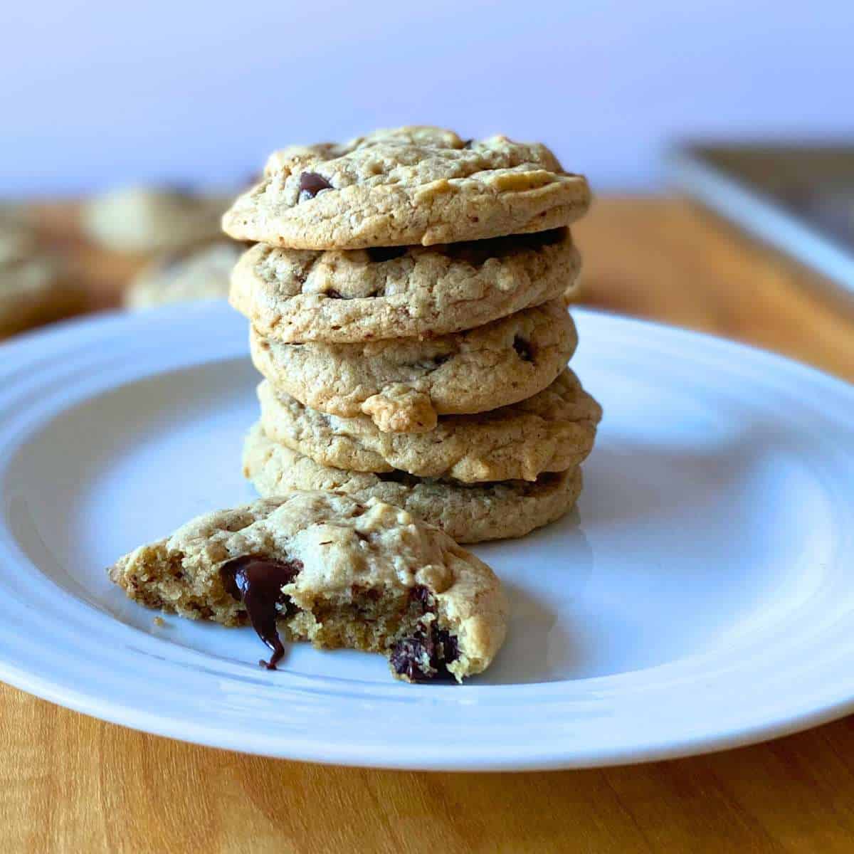 A stack of chocolate chip cookies gluten free dairy free.